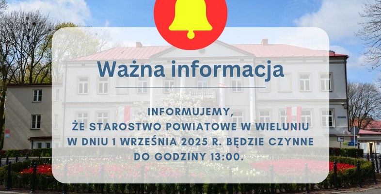 Zmiana godzin pracy Starostwa w dn. 01.09.2025 r.
