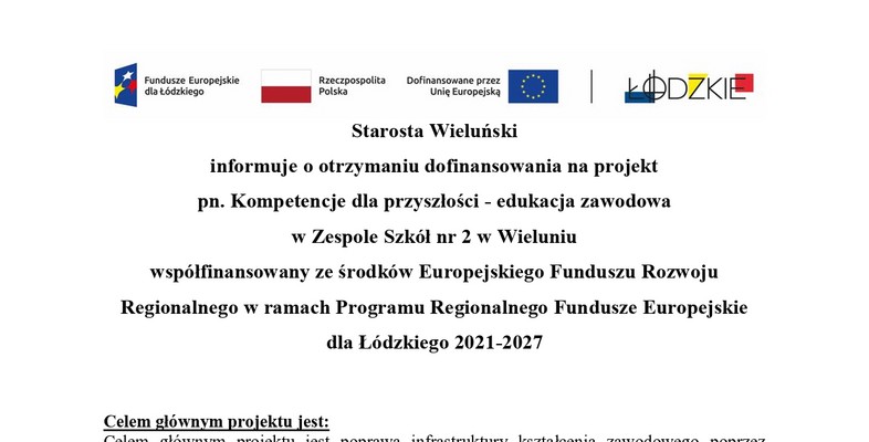 ,,Kompetencje dla przyszłości - edukacja zawodowa w Zespole Szkół nr 2 w Wieluniu