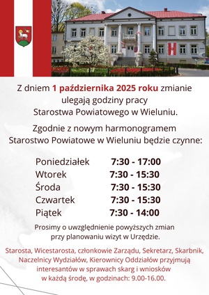 1 października 2025 roku zmiana godzin pracy w Starostwie