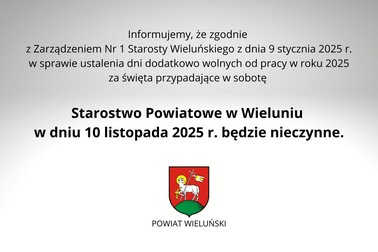 W dniu 10 października 2025 r. Starostwo Powiatowe w Wieluniu będzie nieczynne 